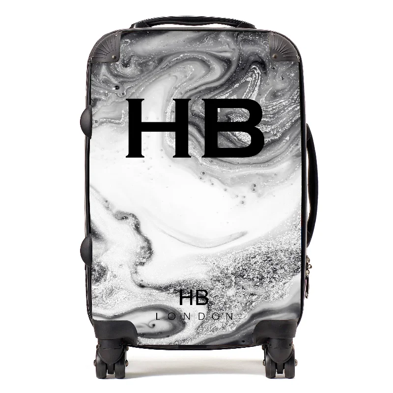 Suitcase with lightweight wheels-Personalised Grey and White Liquid Marble with Black Font Initial Suitcase