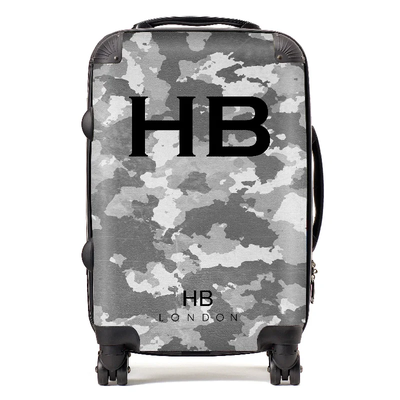 Suitcase for summer vacations-Personalised Grey Camouflage with Black Font Initial Suitcase