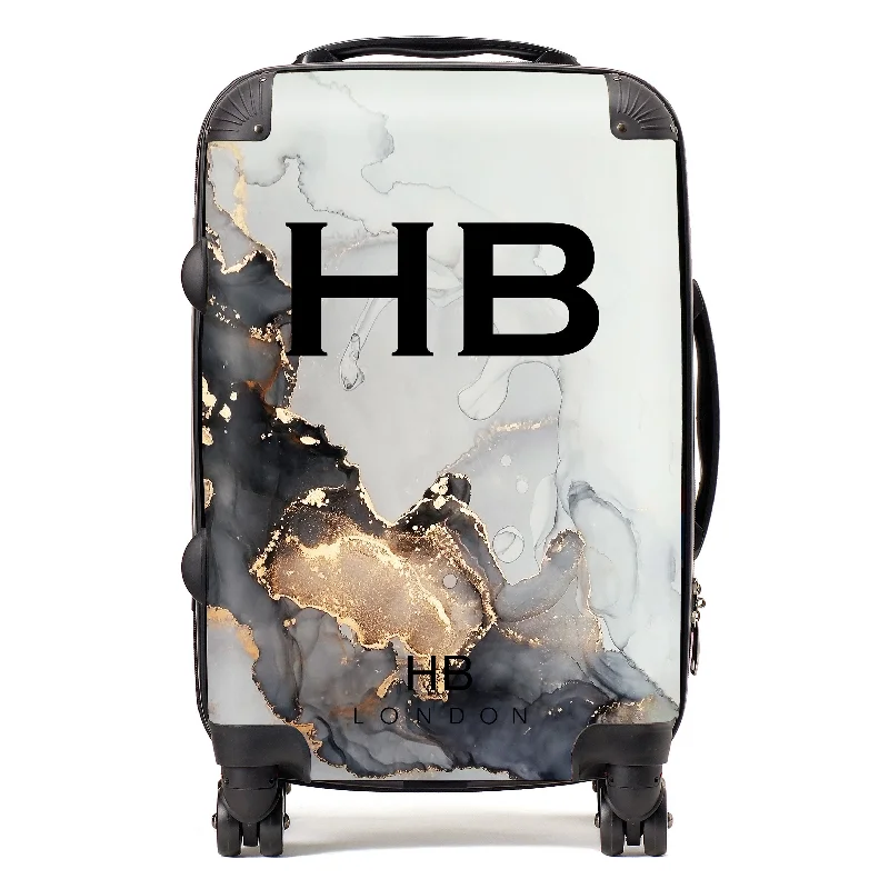 Suitcase with sturdy stitching-Personalised Grey, Charcoal and Gold Ink Marble with Black Font Initial Suitcase