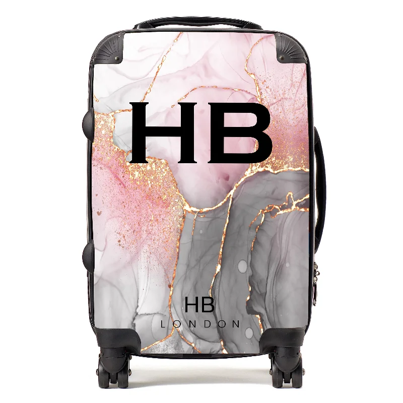 Suitcase with sturdy frame-Personalised Grey, Pink and Gold Ink Marble with Black Font Initial Suitcase