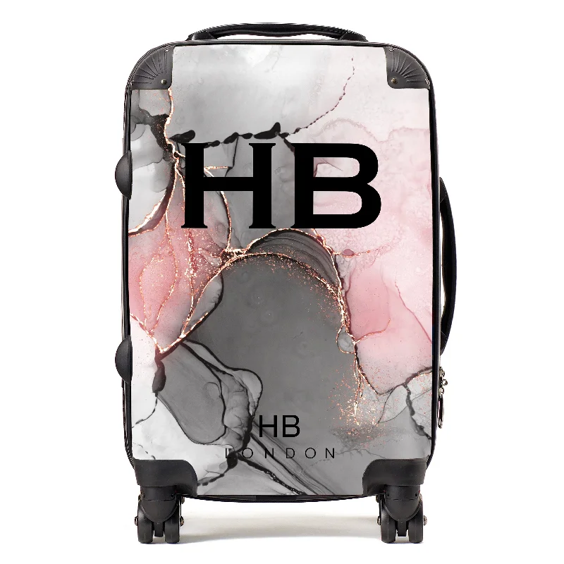 Suitcase for beach vacations-Personalised Grey, Pink and Rose Gold Ink Marble with Black Font Initial Suitcase