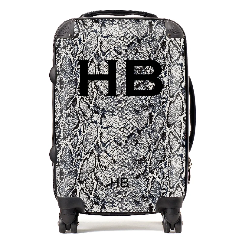 Suitcase with sleek patterns-Personalised Grey Snake Skin Print with Black Font Initial Suitcase