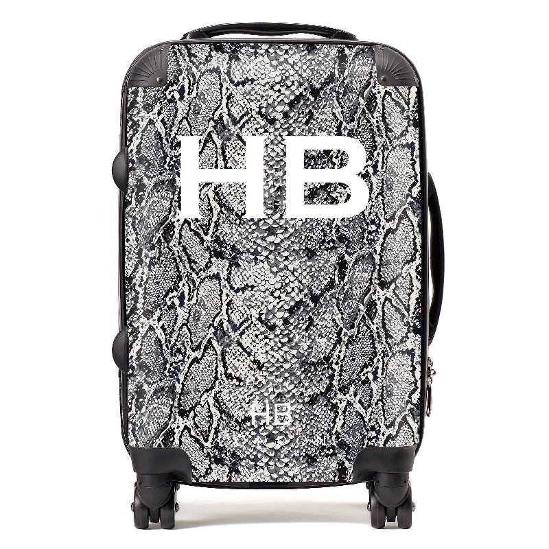 Suitcase for extended vacations-Personalised Grey Snake Skin Print with White Font Initial Suitcase