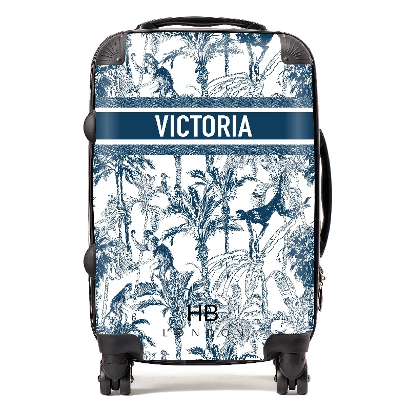 Suitcase for urban explorers-Personalised Navy Jungle Toile with Designer Font Initial Suitcase