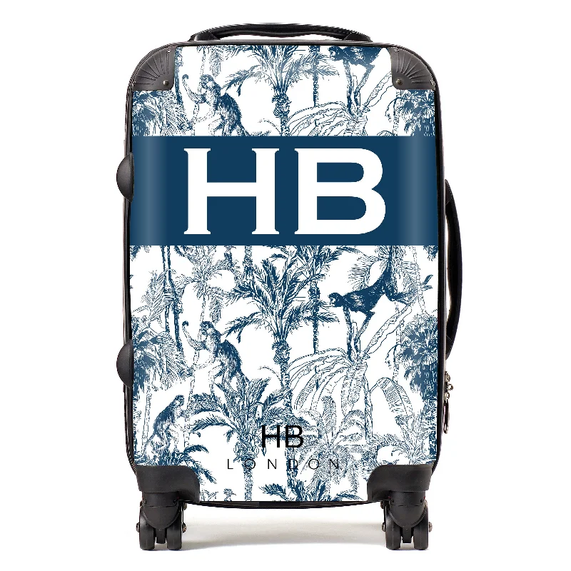 Suitcase with sleek patterns-Personalised Navy Jungle Toile with Original Font Initial Suitcase