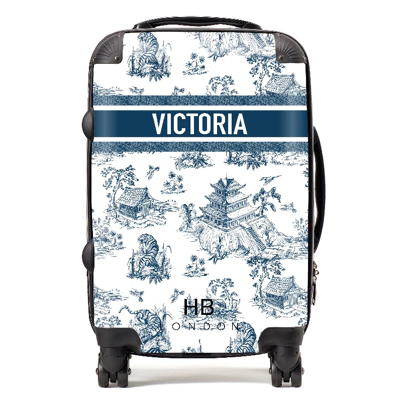 Suitcase for minimalist travel-Personalised Navy Oriental Toile with Designer Font Initial Suitcase