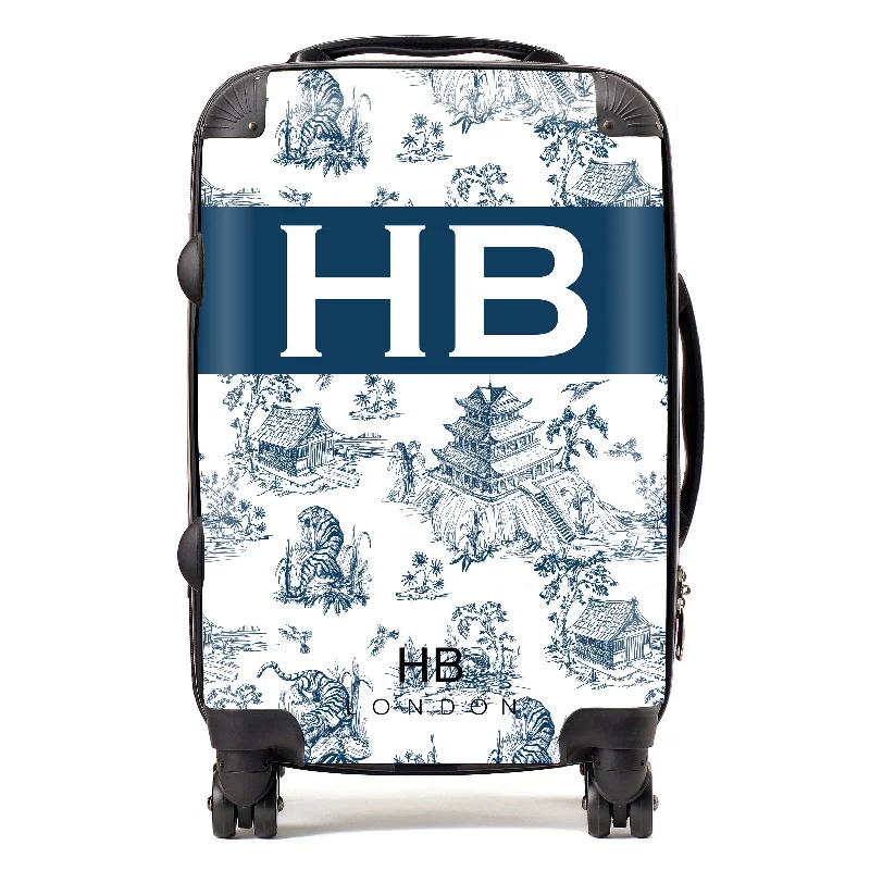 Suitcase with sturdy wheels-Personalised Navy Oriental Toile with Original Font Initial Suitcase