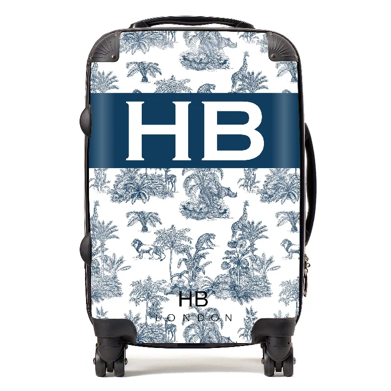 Suitcase with lockable zippers-Personalised Navy Safari Toile with Original Font Initial Suitcase