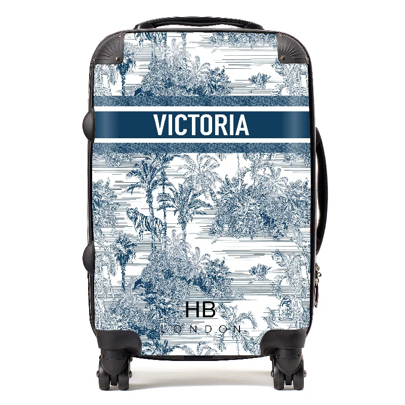 Suitcase with summer getaways-Personalised Navy Tiger Toile with Designer Font Initial Suitcase