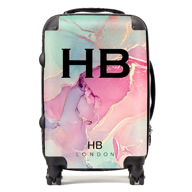 Suitcase with bright logos-Personalised Pastel and Gold Ink Marble with Black Font Initial Suitcase