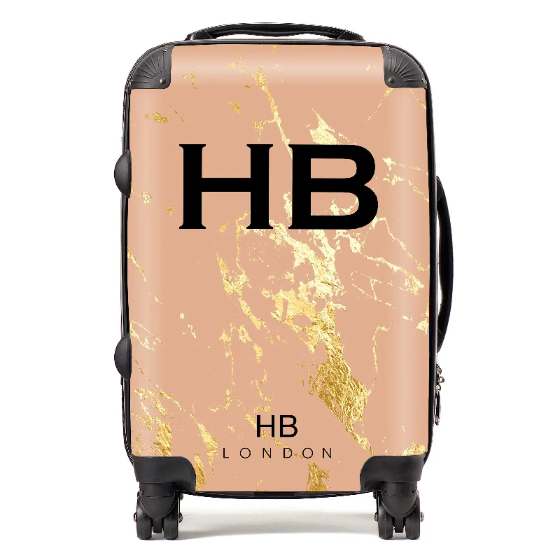 Suitcase for minimalist lifestyles-Personalised Peach and Gold Marble Initial Suitcase