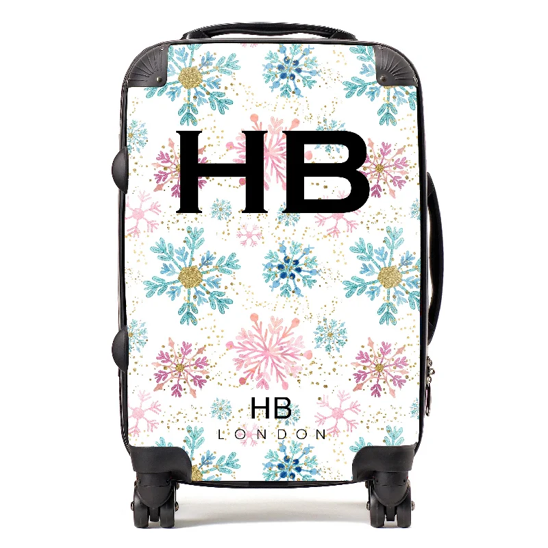 Suitcase for lightweight trips-Personalised Pink and Blue Snowflake with Black Font Initial Suitcase