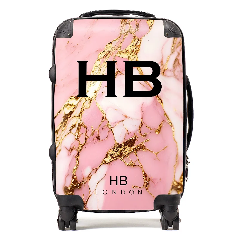 Suitcase with modern design-Personalised Pink and Gold Granite Marble with Black Font Initial Suitcase