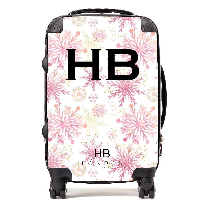 Suitcase for group vacations-Personalised Pink and Gold Snowflake with Black Font Initial Suitcase