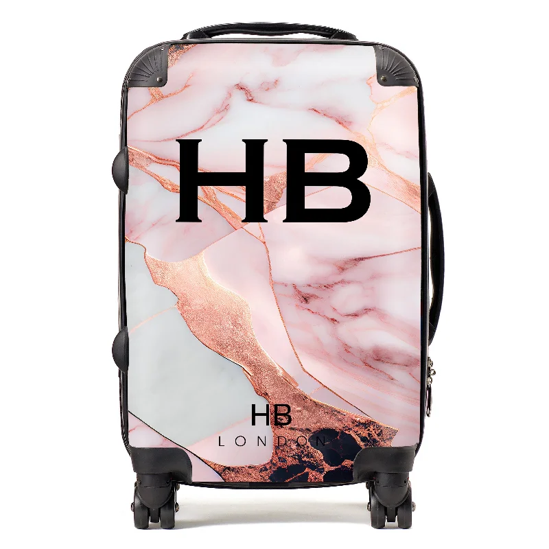 Suitcase with adjustable straps-Personalised Pink and Rose Gold Marble with Black Font Initial Suitcase