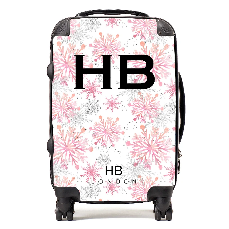 Suitcase for overnight travel-Personalised Pink and Silver Snowflake with Black Font Initial Suitcase