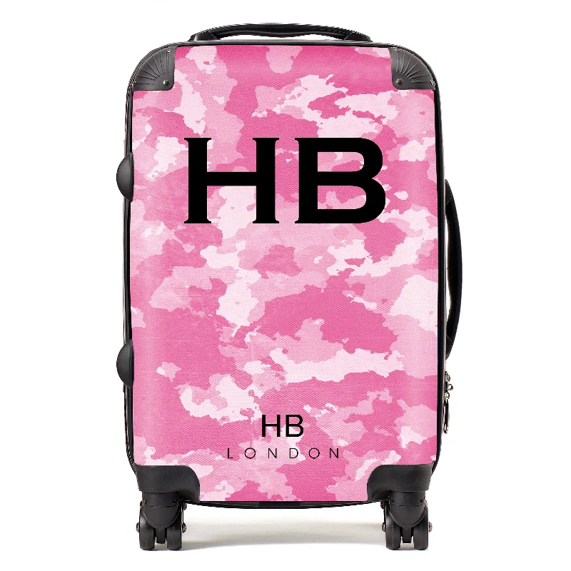 Suitcase with side handles-Personalised Pink Camouflage with Black Font Initial Suitcase