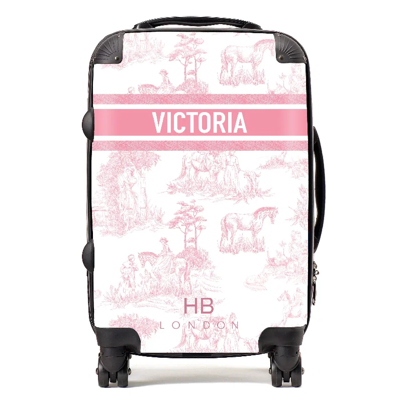 Suitcase for long flights-Personalised Pink French Toile with Designer Font Initial Suitcase