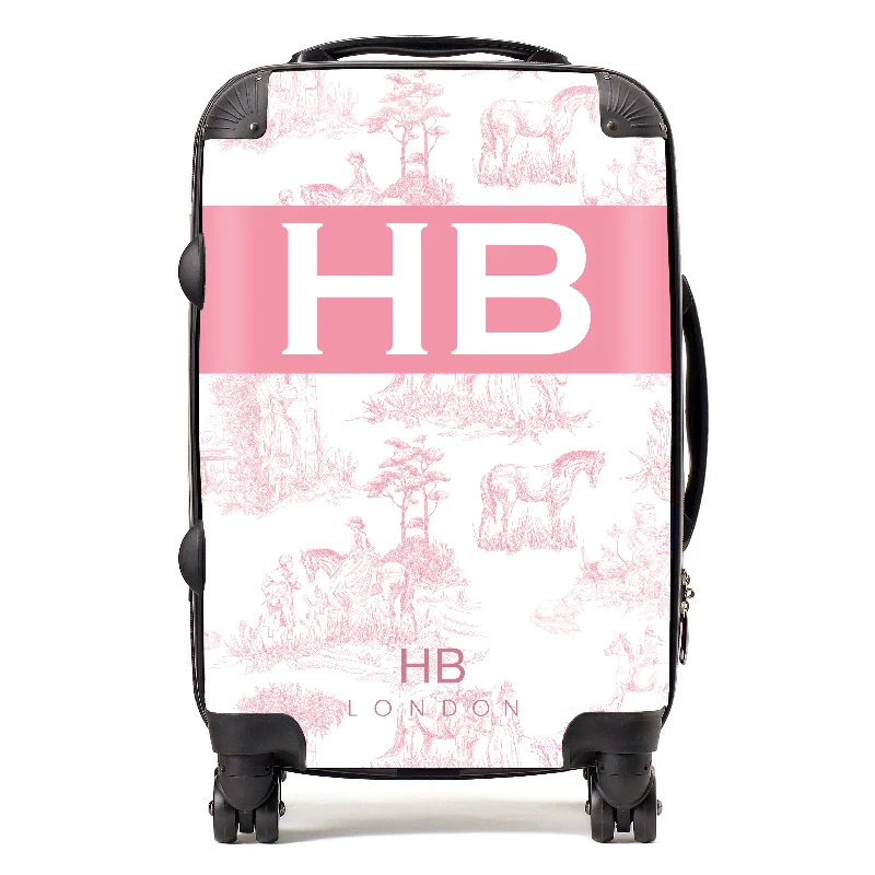 Suitcase with quick-access pockets-Personalised Pink French Toile with Original Font Initial Suitcase