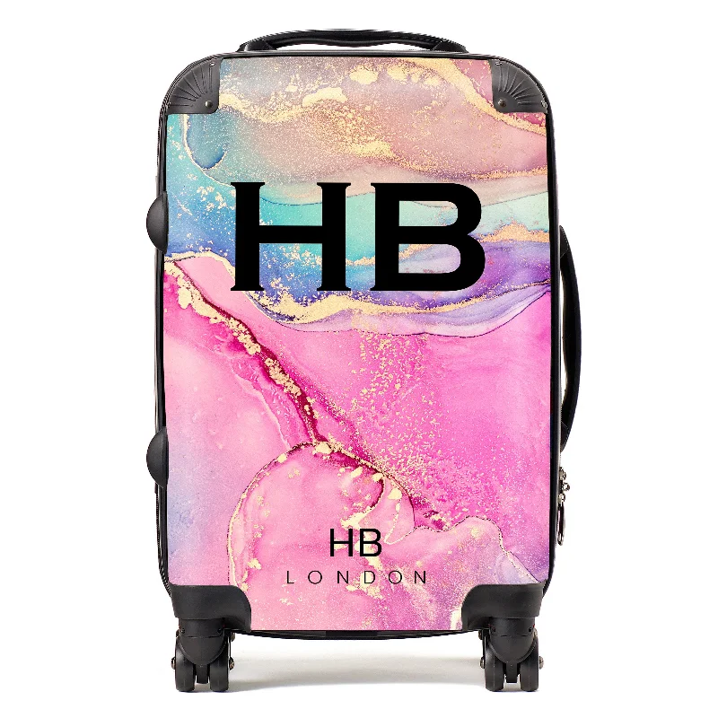 Suitcase for cold climates-Personalised Pink Galaxy and Gold Ink Marble with Black Font Initial Suitcase