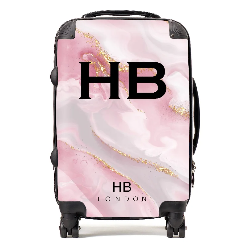 Suitcase for weekend travel-Personalised Pink, Grey and Gold Marble with Black Font Initial Suitcase