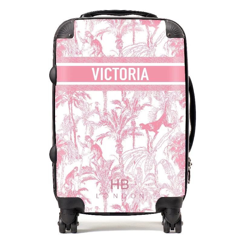 Suitcase with durable handles-Personalised Pink Jungle Toile with Designer Font Initial Suitcase