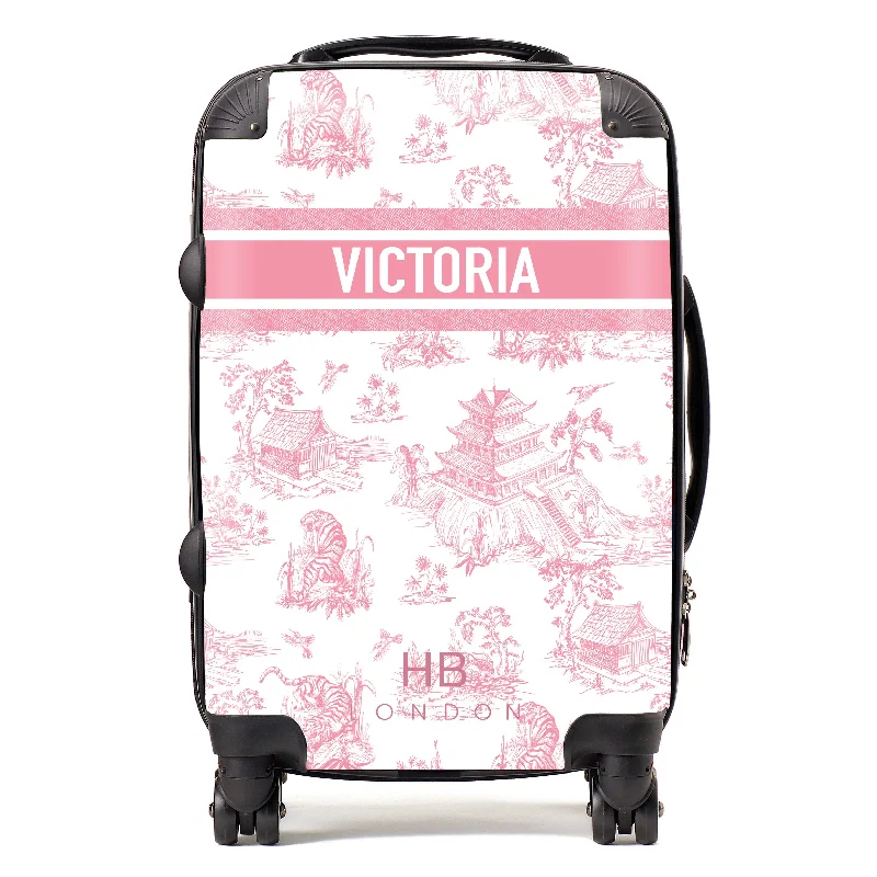 Suitcase with adjustable straps-Personalised Pink Oriental Toile with Designer Font Initial Suitcase