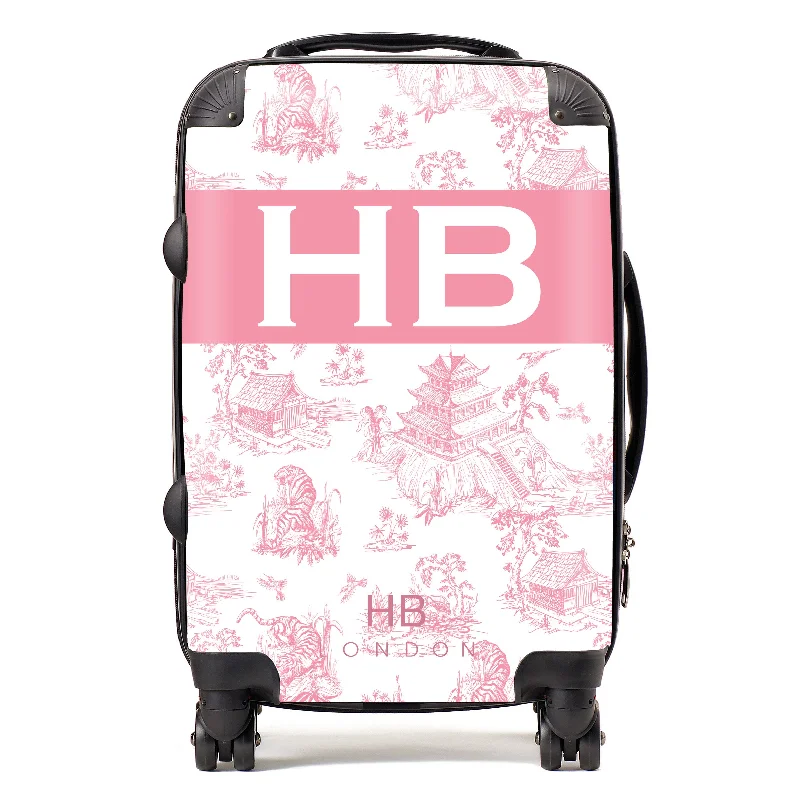 Suitcase with sturdy zippers-Personalised Pink Oriental Toile with Original Font Initial Suitcase