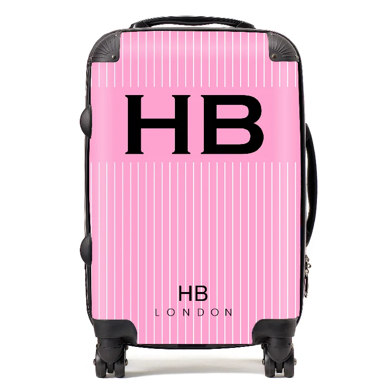 Suitcase for international vacations-Personalised Pink Pinstripe with Black Font Initial Suitcase