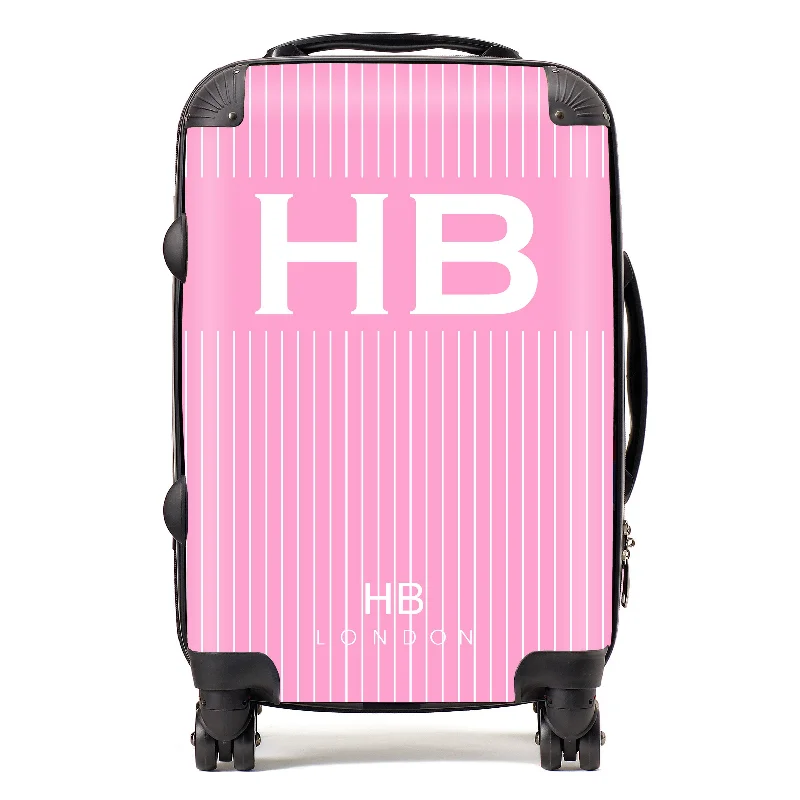 Suitcase for travel accessories-Personalised Pink Pinstripe with White Font Initial Suitcase