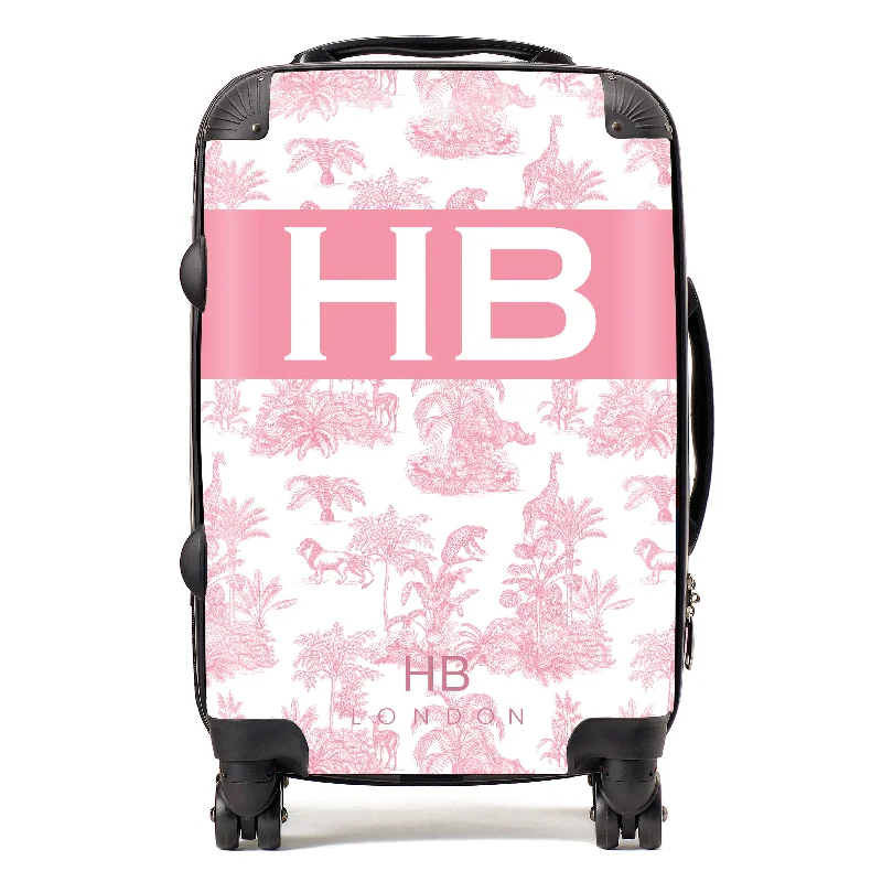 Suitcase for travel gear-Personalised Pink Safari Toile with Original Font Initial Suitcase