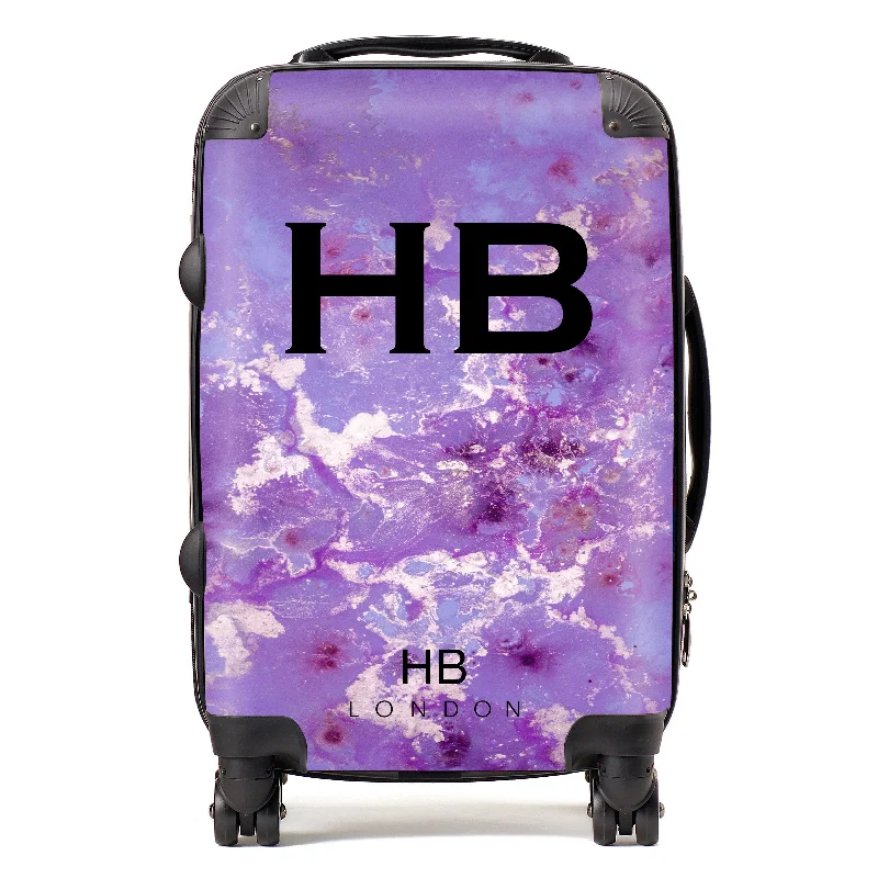 Suitcase for summer getaways-Personalised Purple and Off White Marble with Black Font Initial Suitcase