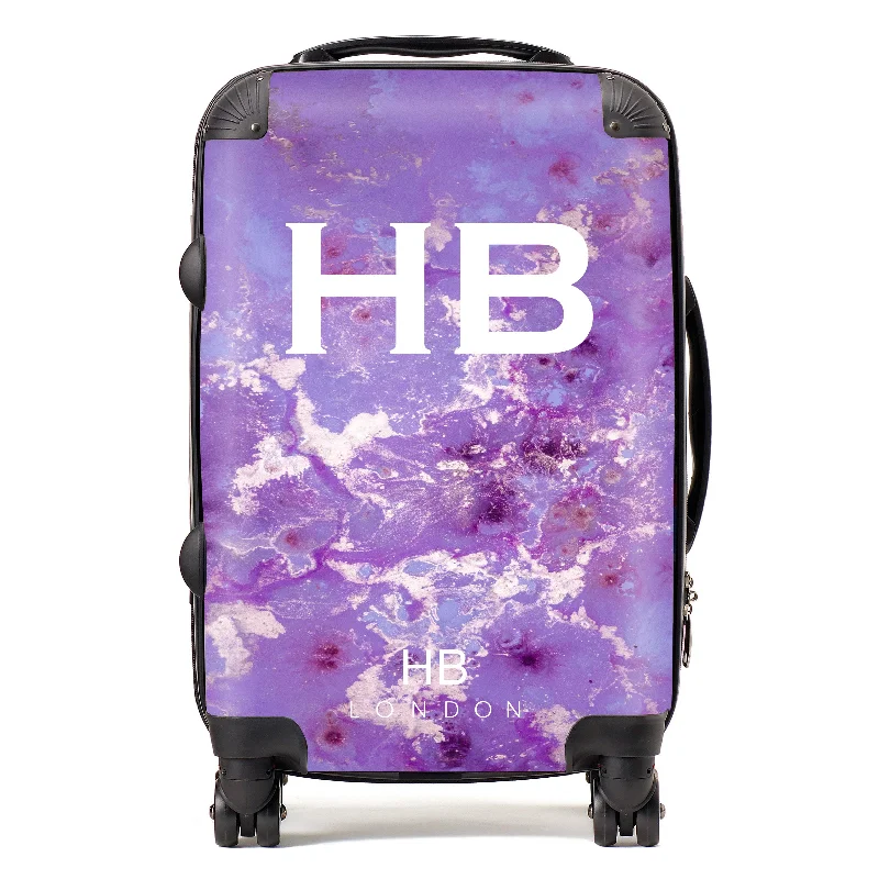 Suitcase for rugged terrain-Personalised Purple and Off White Marble with White Font Initial Suitcase