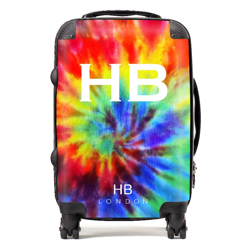 Suitcase for outdoor use-Personalised Rainbow Tie Dye with White Font Initial Suitcase