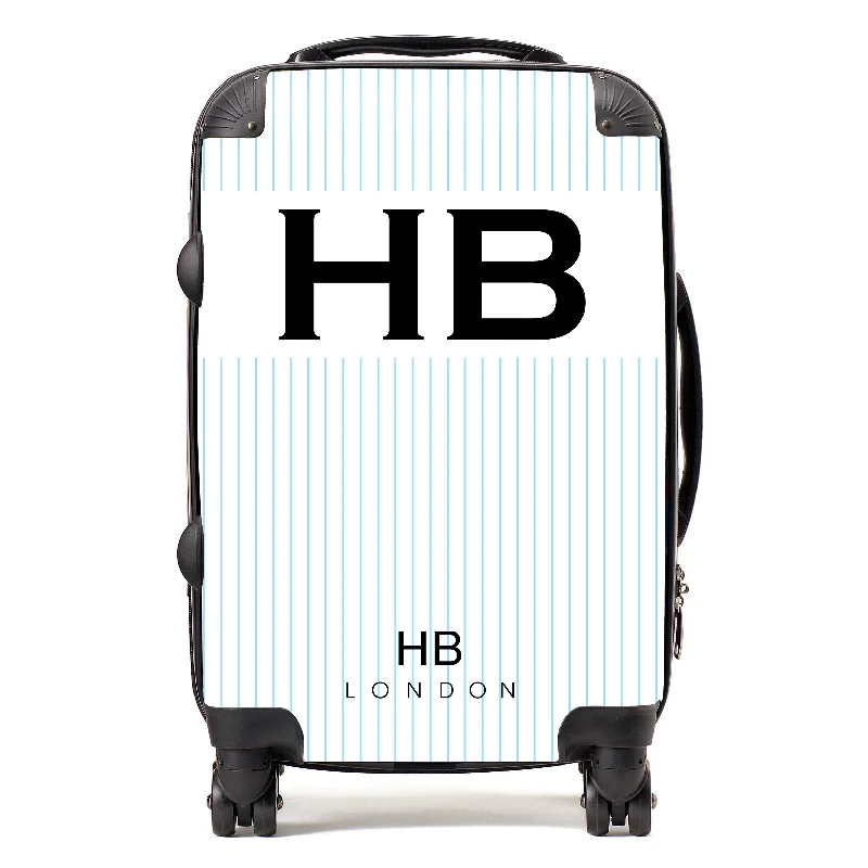 Suitcase for family vacations-Personalised White and Blue Pinstripe with Black Font Initial Suitcase