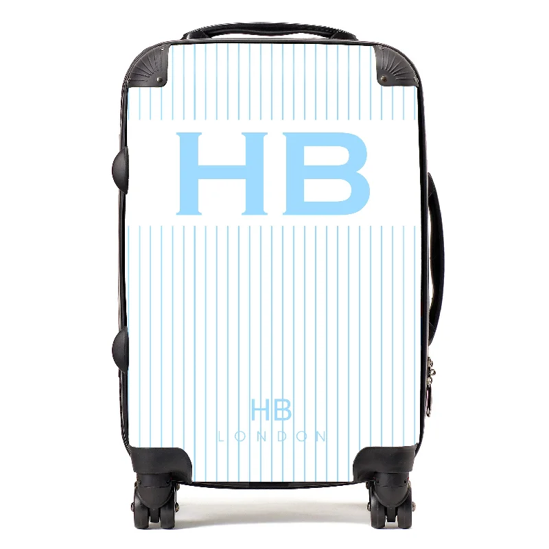 Suitcase with sturdy stitching-Personalised White and Blue Pinstripe with Blue Font Initial Suitcase