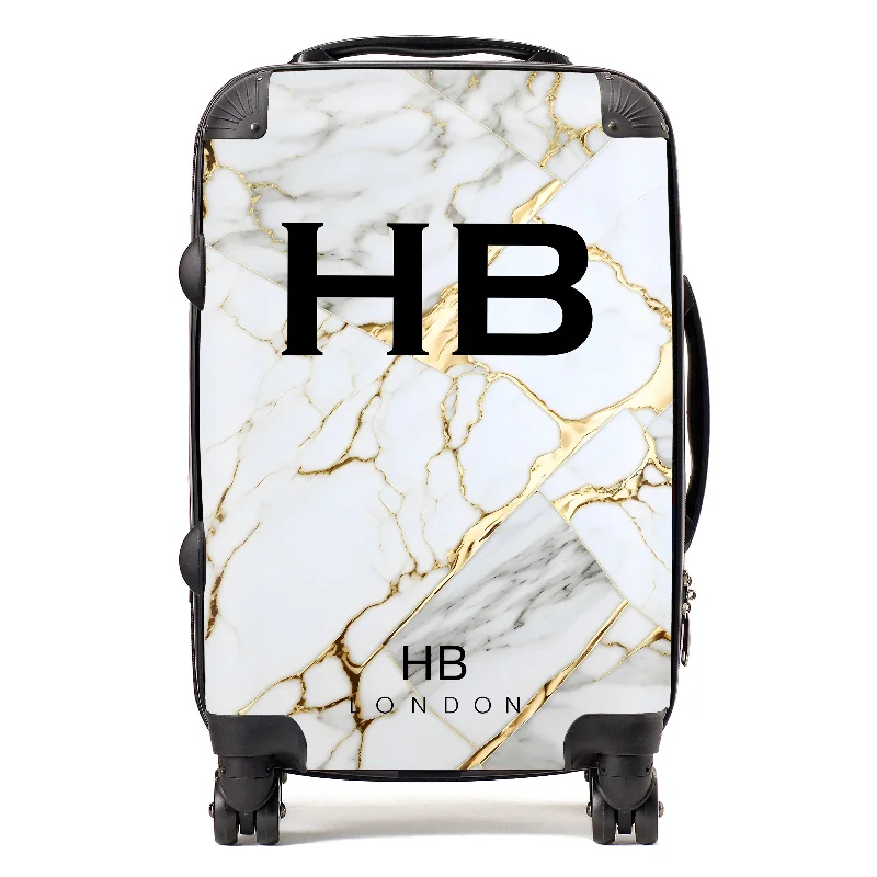 Suitcase with vintage style-Personalised White and Gold Marble with Black Font Initial Suitcase