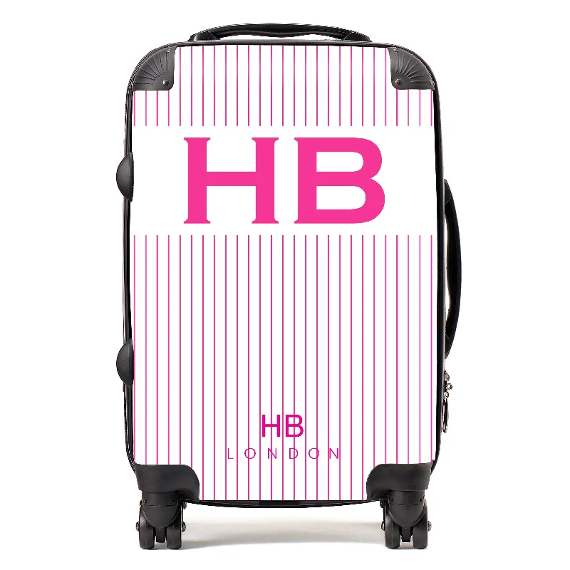 Suitcase for adventure seekers-Personalised White and Hot Pink Pinstripe with Hot Pink Font Initial Suitcase