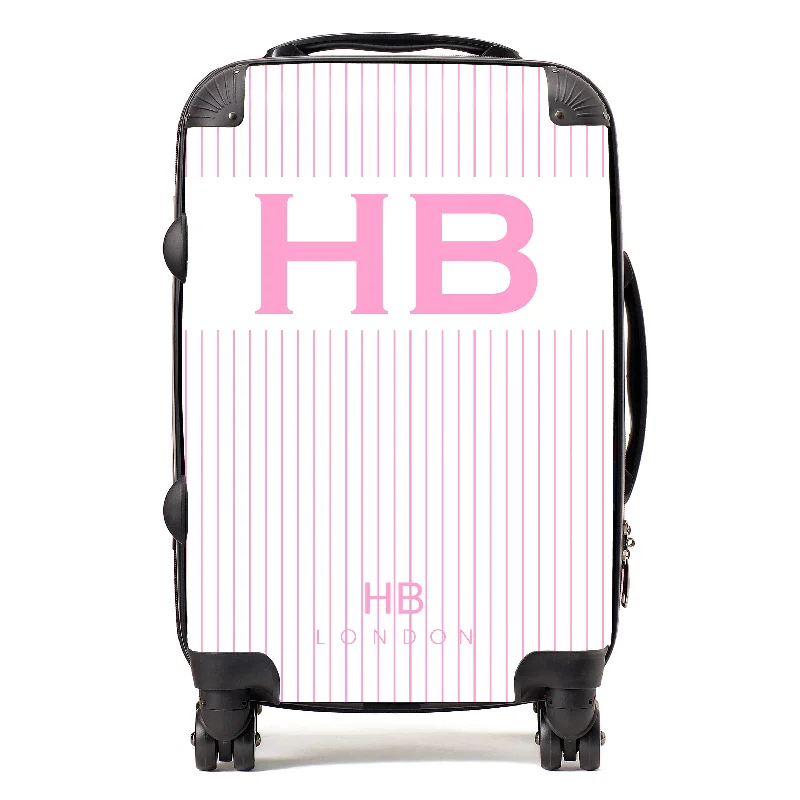 Suitcase with sleek logos-Personalised White and Pink Pinstripe with Pink Font Initial Suitcase