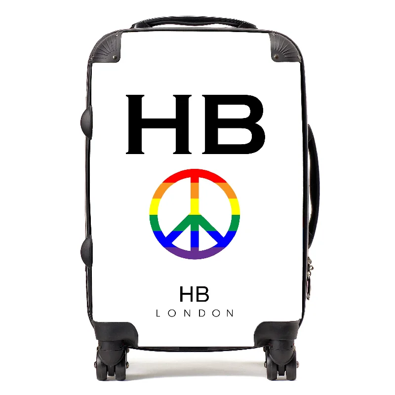 Suitcase with trendy colors-Personalised White Pride Peace with Black Font Initial Suitcase