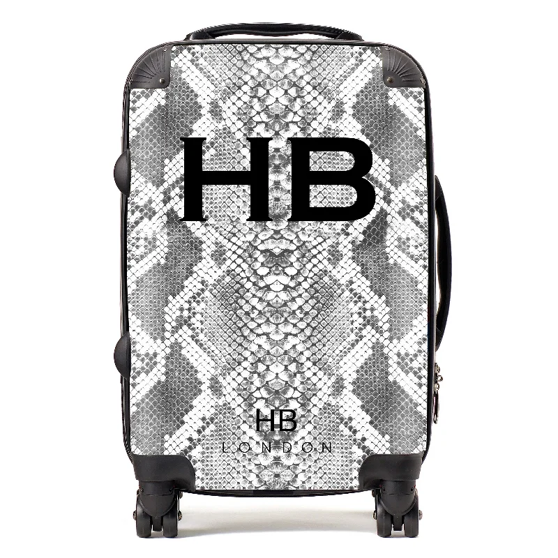 Suitcase with bold designs-Personalised White Snake Skin Print with Black Font Initial Suitcase