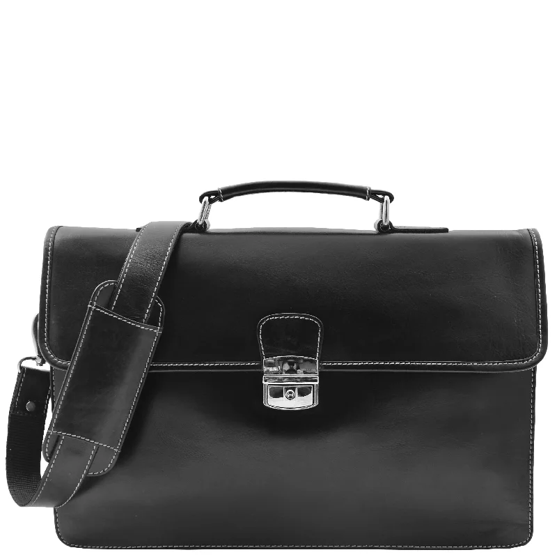 Briefcase with luxury logos-Mens Leather Slimline Organiser Briefcase HOL7141 Black