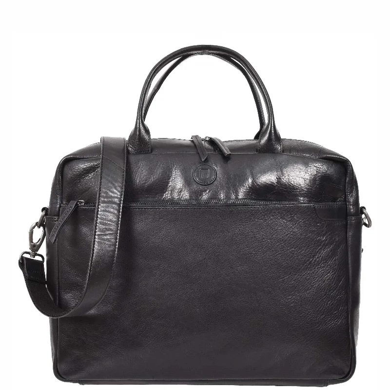 Briefcase for casual travel-Vegetable Tanned Leather Briefcase Bag Satchel Laptop HOL3002 Black