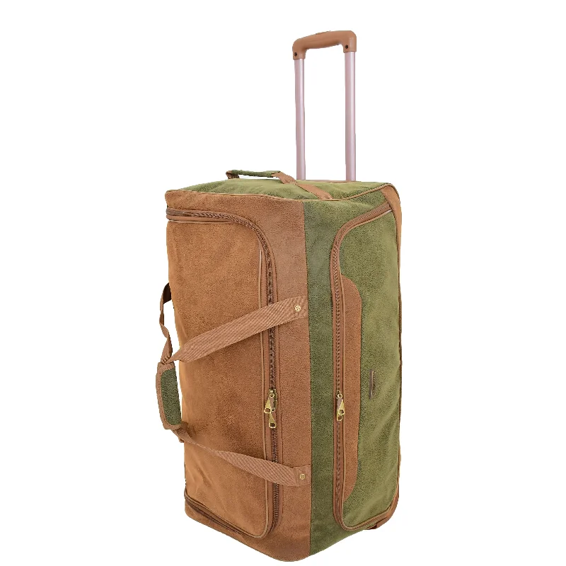 Suitcase with large pockets-Wheeled Holdall Faux Suede Lightweight Luggage Travel Bag Argan Green