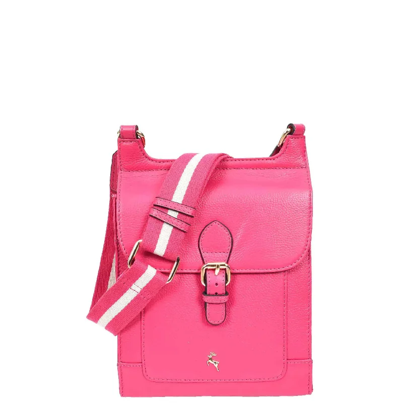 Messenger bag with bonus pockets-Womens Cross Body Leather Messenger Travel Bag HOL33 Pink