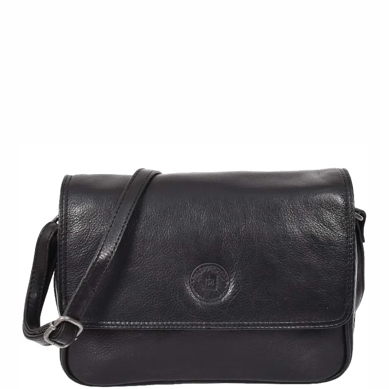 Messenger bag for solo commutes-Womens Cross Body Real Leather Messenger Bag Flap HOL7002 Black