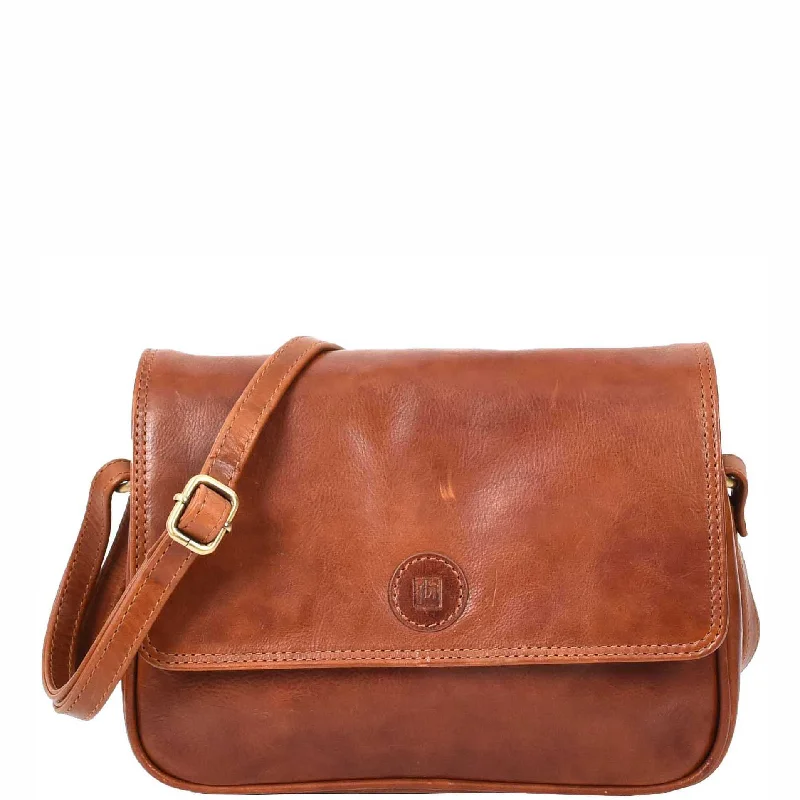 Messenger bag cool stitching-Womens Cross Body Real Leather Messenger Bag Flap HOL7002 Cognac