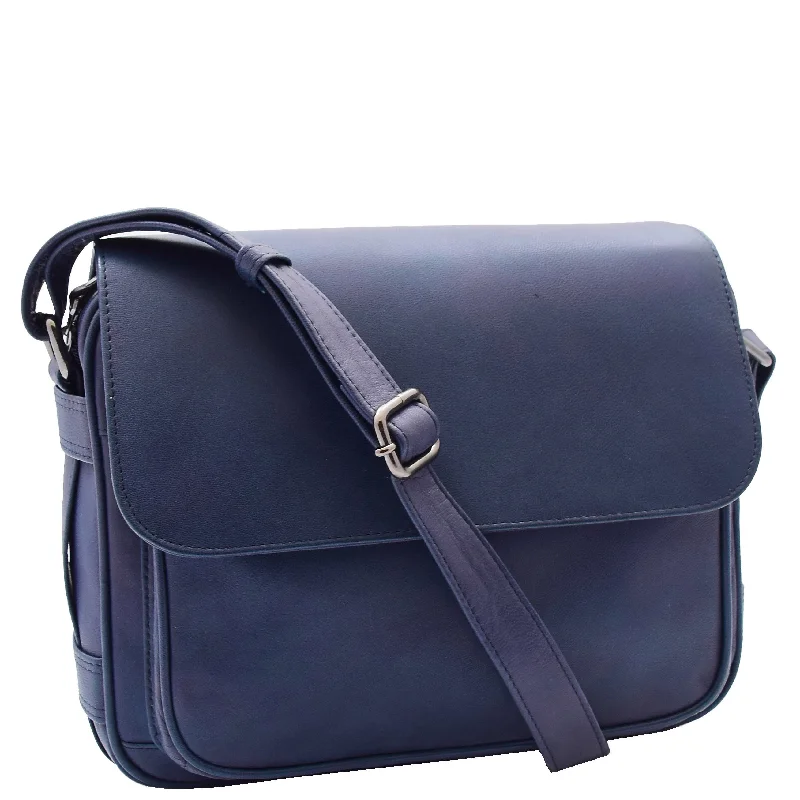 Messenger bag with extra zippers-Womens Cross Body Real Leather Messenger Bag Flap Over Organiser HOL325 Navy