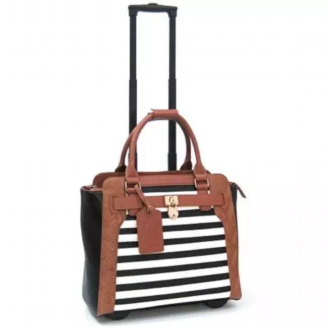 Briefcase with wide straps-Cabrelli Sally Stripe Carry on Roller Briefcase Black White Cognac