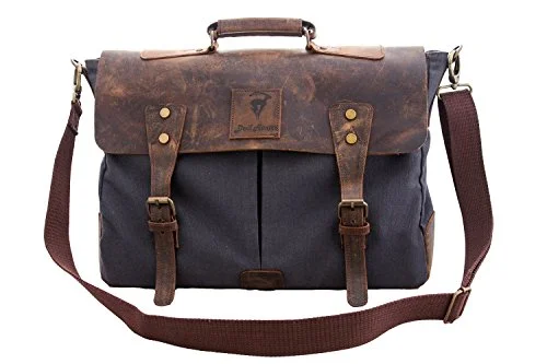 Briefcase with work kits-Devil Hunter Genuine Leather Vintage 18" Laptop Canvas Messenger Satchel Briefcase Bag Grey